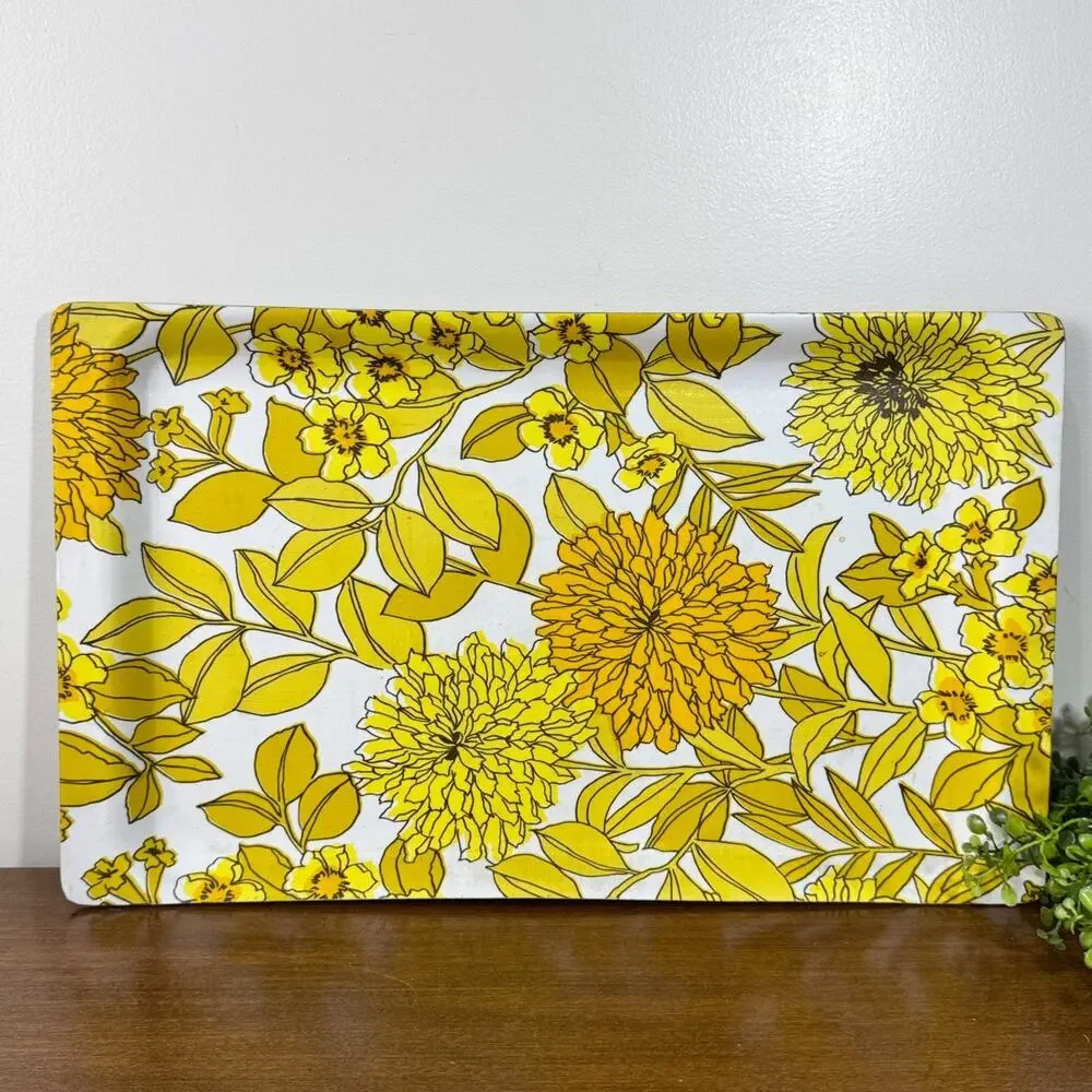 Vintage 1970s Yellow Floral Laminated Serving Tray Mid Century Kitchen Decor
